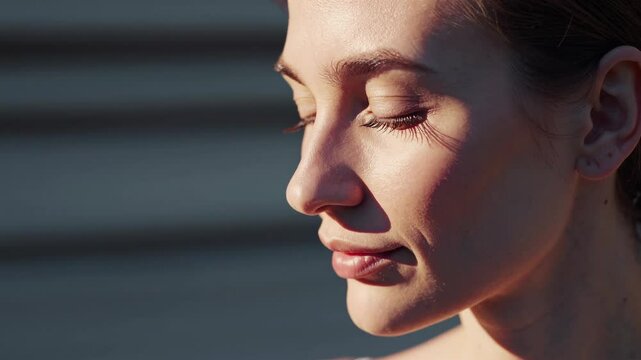 Close-up profile of a woman in soft sunlight, highlighting her serene expression. The video captures her face from a side angle, emphasizing natural beauty.