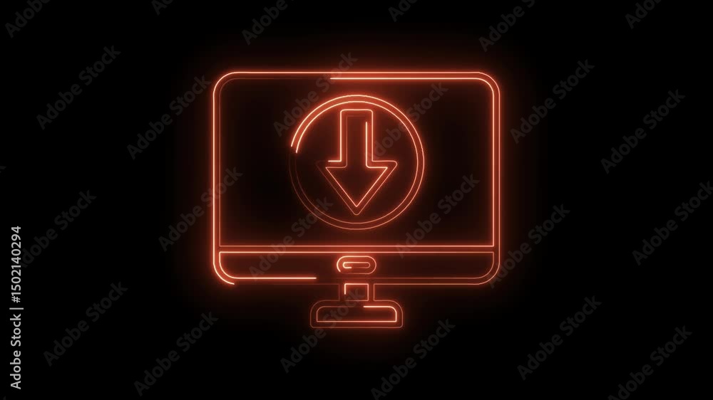 Aufkleber neon style computer displaying download icon on black background for technology concepts