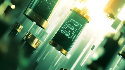 Futuristic cylindrical containers with glowing green circuit patterns.