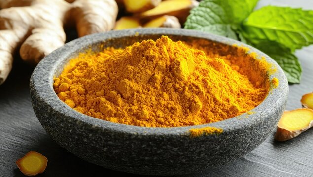 Turmeric powder in a stone bowl.