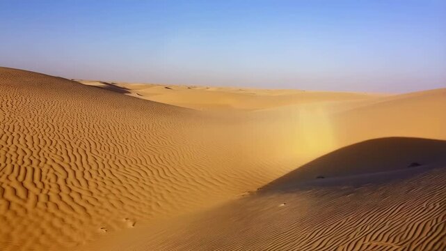 Scenic panorama of undulating sand dunes in the arid desert landscape under a clear blue sky on a sunny day, creating patterns and shadows.