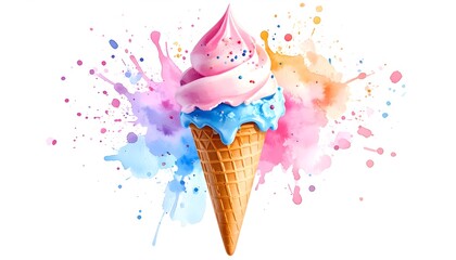 A colorful watercolor illustration of a melting ice cream cone, soft brush strokes, pastel tones, splashes of pink, blue, and vanilla, isolated on white background