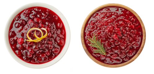 Top view of homemade cranberry sauce in ceramic and wooden bowls, vibrant red berries with lemon zest and rosemary garnish, isolated on transparent background, perfect for holiday recipes and food pac