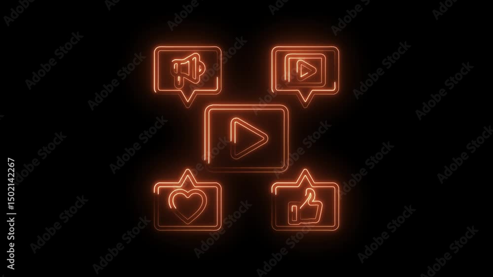 Poster neon social media icon set animation of play button notification like and share on black