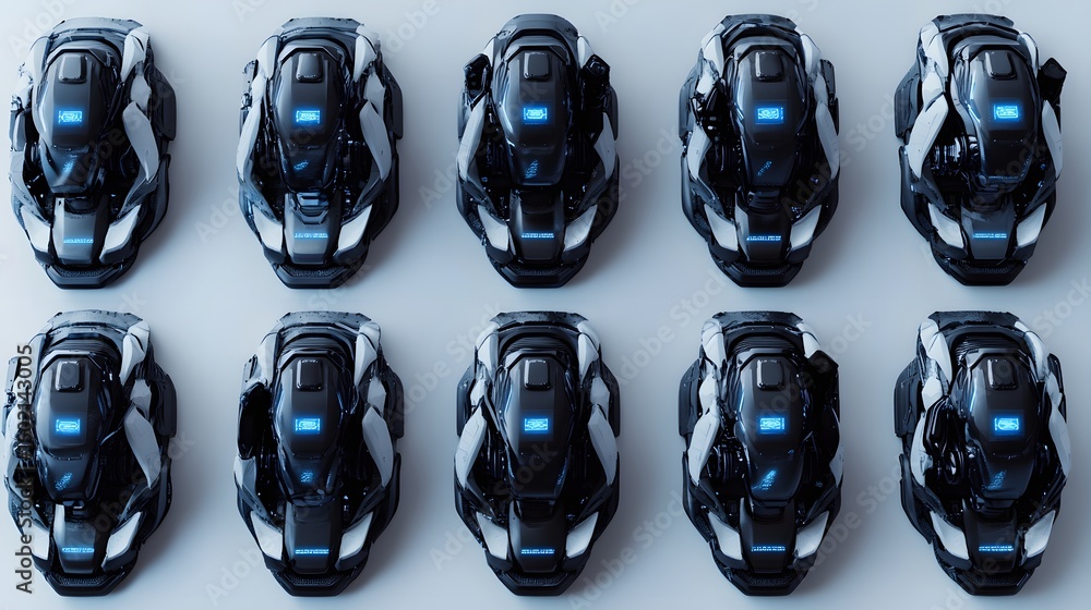 Poster futuristic robotic head designs arranged in a grid pattern.