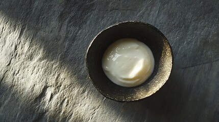A bowl of white sauce on a textured surface