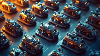 Many miniature, futuristic vehicles arranged in a grid pattern.