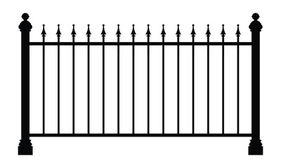 Black-and-white silhouette of a metal fence with spear-tipped finials on vertical bars, front view. Classic gothic design, emphasizing symmetry and security for dramatic or ornamental themes.