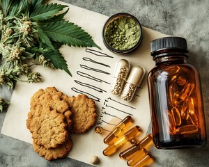 Edibles including infused cookies tinctures organized beside a mood chart showing stress and sleep improvements