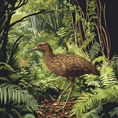 Detailed illustration of a flightless bird in a lush forest.