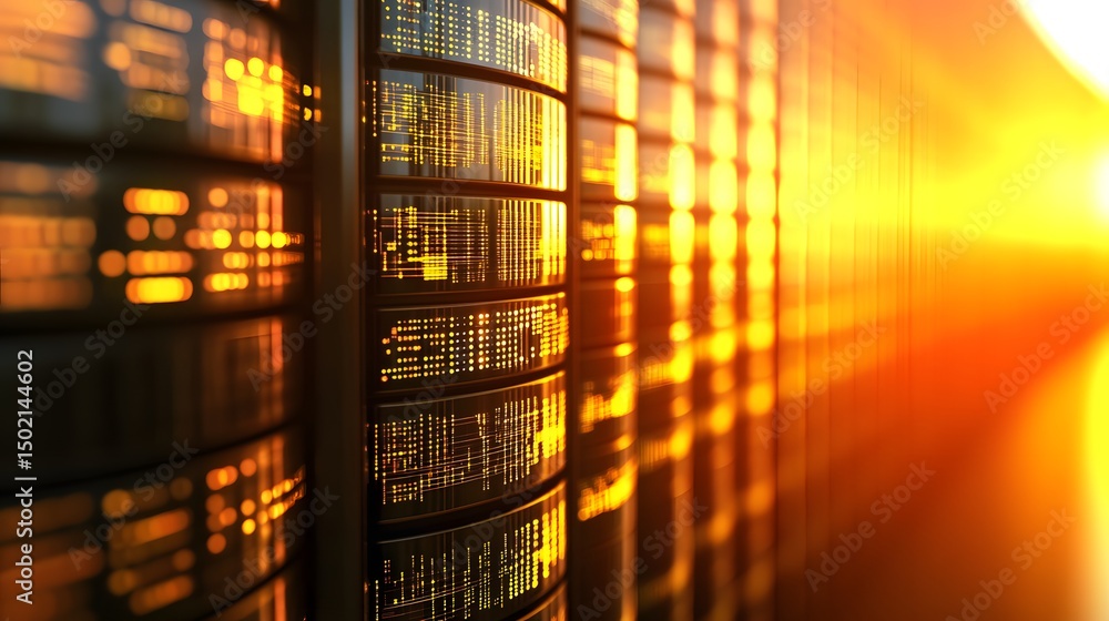 Aufkleber close-up view of illuminated server racks.