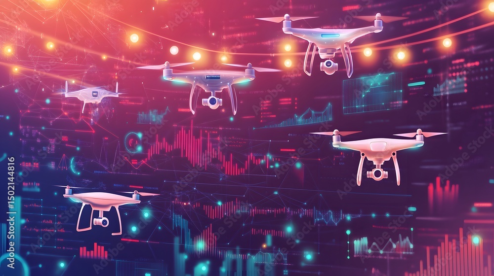 Poster multiple drones displayed against a backdrop of data visualizations.