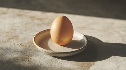 A single brown egg resting on a small plate
