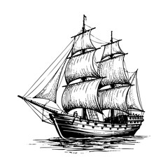 Retro ship engraving sketch engraving black and white outline. Scratch board imitation.  illustrated in vintage line art style on a white background.