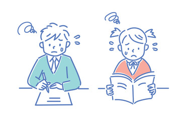 勉強に苦戦している制服姿の女の子と男の子