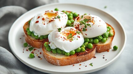 Poached Eggs on Toast with Peas and Red Pepper Flakes