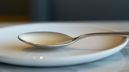 A single spoon resting on a white plate