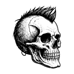 Fototapeta premium Skull punk hairstyle engraving black and white outline. Scratch board imitation.