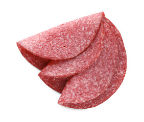 Slices of tasty smoked sausage isolated on white, top view