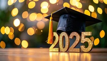 Graduation Cap with Golden Tassel and Shimmering 2025 Numbers on Bokeh Celebration Background
