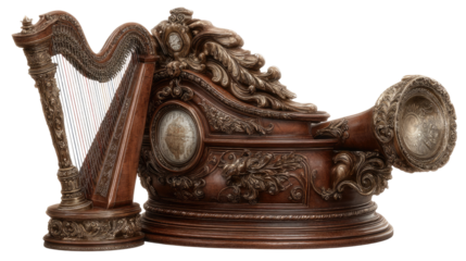 Musical Instrument with Elegant Design: An intricately carved musical instrument, showcasing the harmony of a harp and a brass instrument, rendered in stunning detail.