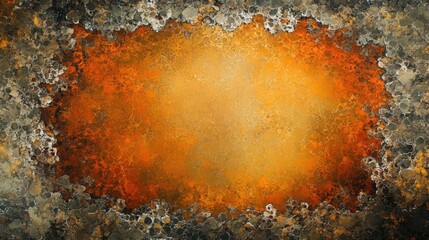 an abstract design with a vibrant orange circle at its center, surrounded by smaller shapes in various shades of red, yellow, and brown that create a sense of depth and texture
