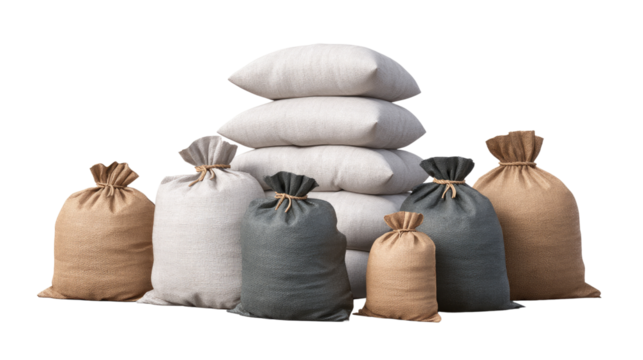 Pile of sandbags and pillows: a collection of burlap sandbags and soft pillows in various shades and sizes, offering a tactile display of texture and form.
