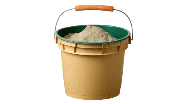 Sand-filled bucket: An eye-level shot, showing a full, utilitarian bucket overflowing with dry sand, ideal for construction or gardening tasks.