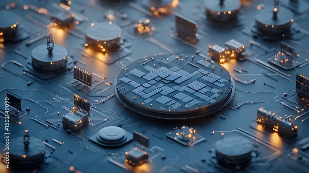 Poster abstract design of interconnected technological components.