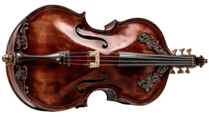 Intricate Strings: A close-up shot reveals an antique bass viol, its wood grain, elegant curves, and meticulous carving telling a tale of classical music.
