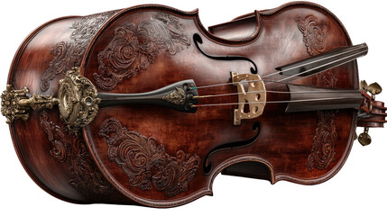 Obraz premium Exquisite Musical Instrument: An elegant double bass, meticulously crafted with fine detail, stands in a showcase of its musical allure, reflecting artistic and traditional craftsmanship.