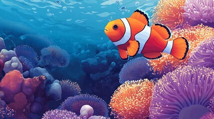 Vibrant coral reef scene with a clownfish.