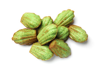 Tasty matcha madeleine cakes isolated on white, top view