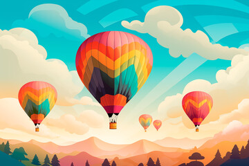 Obraz premium Colorful hot air balloons over mountains on a cloudy day, concept of adventure, travel, and freedom in a vibrant landscape. Illustration