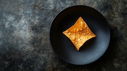 Fototapeta premium A single samosa on a black plate against a dark textured background