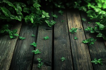 Green leaves on wooden planks on white background