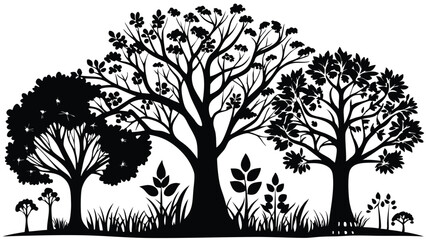 Silhouette of trees in a black and white forest landscape