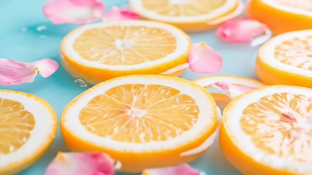 Fresh citrus lemon slices and pink petals float in water, creating calming balance that relieves stress and fatigue beautifully