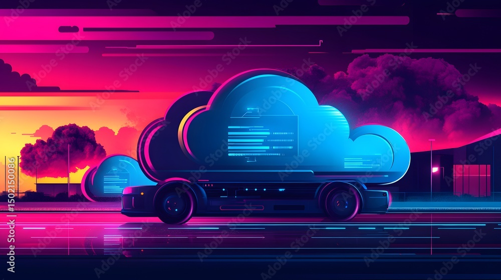 Poster futuristic vehicle transporting data cloud at twilight.