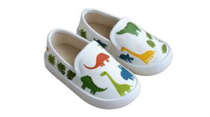 Dino Shoes: Two whimsical child shoes, adorned with vibrant dinosaur illustrations, offer a playful glimpse into a world of imagination and childhood wonder.