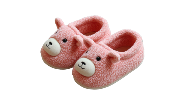 Cozy Comfort: A close-up view of charming pink teddy bear slippers offering a blend of comfort and cuteness. These fluffy footwear pieces promise warmth and relaxation.