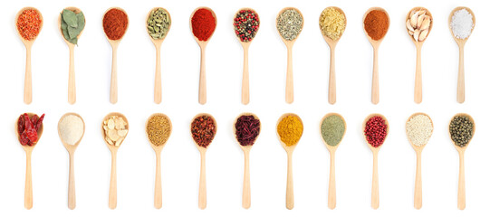 Different aromatic spices in wooden spoons on white background, set. Top view