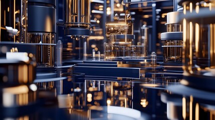 Intricate technological structures in a futuristic factory setting.