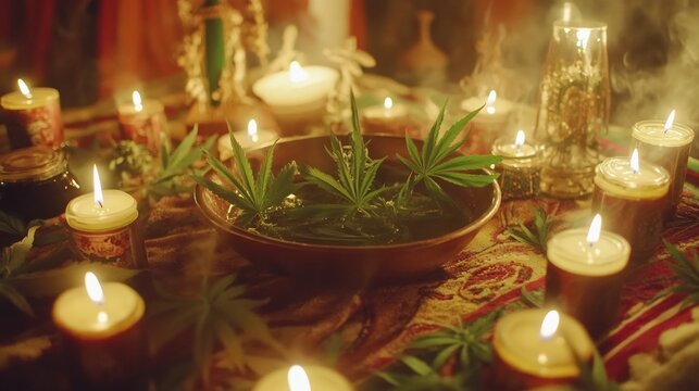 Mexican curandera using cannabis tincture spiritual cleansing ritual with candles and protective amulets