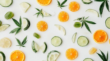 Minimalist art style breakdown of cannabis gummy ingredients clean white background leaf outlines and wellness benefits shown in circular form