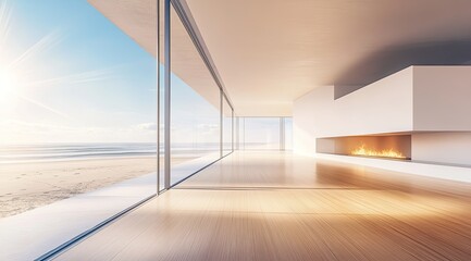 Modern beachfront living room, sunlit