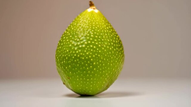 Close-up of a green Gac fruit, spiny skin texture, with soft background lighting, showing the vibrant color and unique skin of this tropical food.