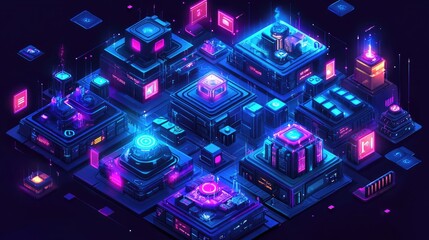 Fototapeta premium an intricate digital art piece that captures a futuristic cityscape at night. it is dominated by neon lights in various shades of purple, pink, and blue, giving the scene a vibrant and energetic feel
