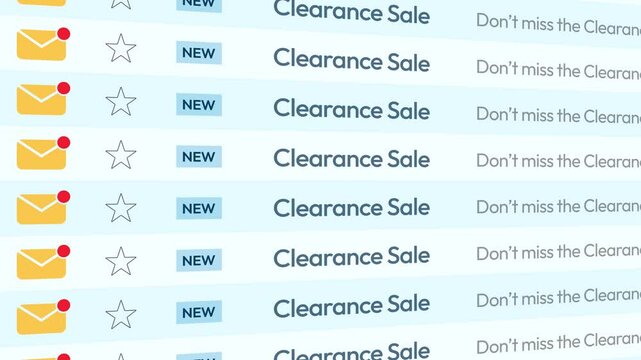 Clearance Sale email scrolling list 4k animation. Marketing concept, promotion, clearing, sales email.