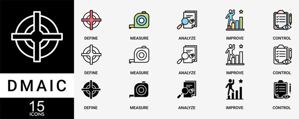 DMAIC icon set with various styles and colors  of define measure analyze improve control with icon of management, performance, development, target